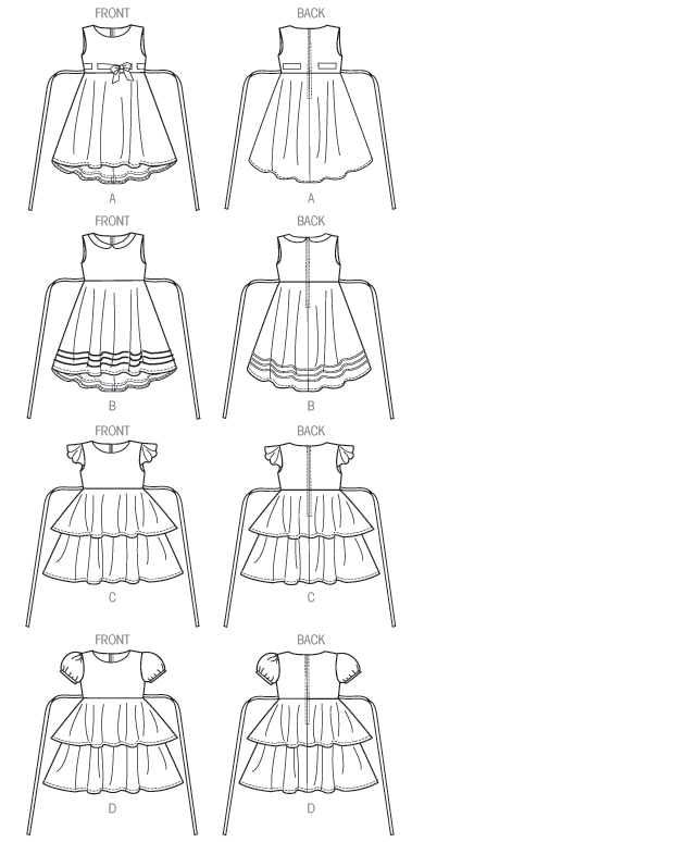 Dress has bodice with raised waist, tie ends, back zipper and very narrow hem. A: button holes for purchased ribbon belt. B: purchased trim. A and B: lined, ruffles attached to lining for petticoat, and back longer than front, lining shows. C: wrong side shows on sleeves. D: bias binding for sleeves. C and D: lined bodice.  Designed for Lightweight Woven Fabrics.