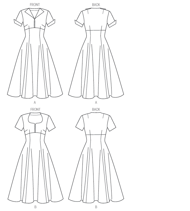 Dress has raised neckline variations, fitted bodice, button trim, raised waist, fitted and flared skirt with princess seams, side zipper and short sleeves. A: fold-back lapels and shaped cuffs.  Designed for light- to medium-weight woven fabrics.