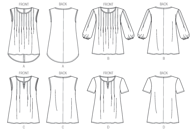 Loose-fitting, pullover top has bias neck binding, front tucks, and narrow hem. A: shaped hemline, wrong side shows. B: sleeve tucks with elasticized lower edge. A and C: bias armhole binding. D: narrow hem on sleeves. C and D: front neck slit  with topstitching.