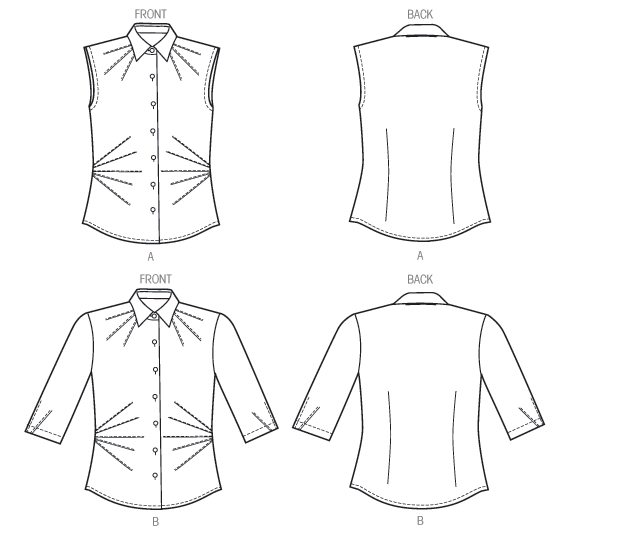 Fitted top has collar, collar band, front pin tucks, shaped hemline, front longer than back, wrong side shows, and stitched hem. B: pin tucks on sleeves.