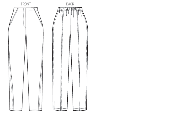 Semi-fitted, tapered pants have mock waistband, elasticized back, side front pockets, side back seams, stitched hems, hook and eye and mock fly zipper.  Designed for light- to medium-weight woven fabrics.
