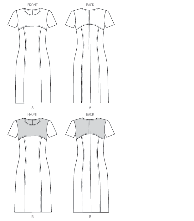 Fitted dress has yokes, princess seams, short sleeves back zipper and topstitching. Fitted dress has yokes, princess seams, short sleeves back zipper and topstitching.