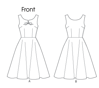 Lined dress has close-fitting bodice, flared skirt (Cut on crosswise grain of fabric), side zipper and very narrow hem. A: attached bows. Purchased petticoat.Designed for medium weight woven fabrics.