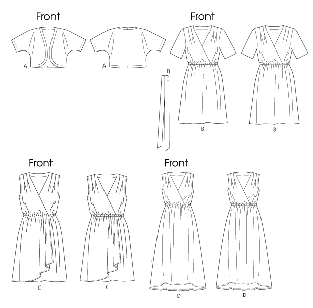 Close-fitting, unlined shrug has bands, and stitched hems on sleeves. Pullover dress has loose-fitting, mock wrap bodice with front shoulder tucks, and raised, elasticized (seamed) waist. B: self belt. C: front overlay with pleats (wrong side may show). Overlay C and hem D: narrow hem, and purchased bias tape finishes armholes.Designed for soft lightweight moderate stretch knits and soft lightweight woven fabrics. Close-fitting, unlined shrug has bands, and stitched hems on sleeves. Pullover dress has loose-fitting, mock wrap bodice with front shoulder tucks, and raised, elasticized (seamed) waist. B: self belt. C: front overlay with pleats (wrong side may show). Overlay C and hem D: narrow hem, and purchased bias tape finishes armholes.Designed for soft lightweight moderate stretch knits and soft lightweight woven fabrics.