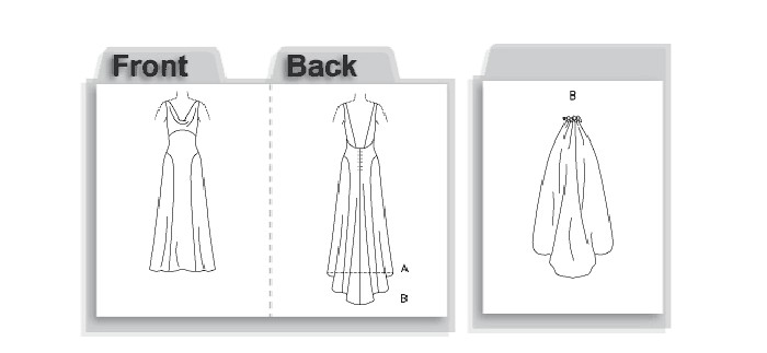 Fitted, bias, floor length dress has faced bodice, raised waistline and lined skirt with back zipper. B: side back and back hemline extend to form train. Also has detachable contrast train with purchased trim.
NOTIONS: Dress A, B: 7" Zipper, Hooks and Eyes. Also for B: 1/4 yd. of Bridal Trim or Silk Flowers. Fitted, bias, floor length dress has faced bodice, raised waistline and lined skirt with back zipper. B: side back and back hemline extend to form train. Also has detachable contrast train with purchased trim.
NOTIONS: Dress A, B: 7" Zipper, Hooks and Eyes. Also for B: 1/4 yd. of Bridal Trim or Silk Flowers.