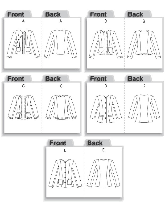 Lined jacket in two lengths with high round neckline. A, B: short length, has long sleeves and patch pockets. A: purchased ribbon ties and trim. B: purchased trim on outer edges. C: three-quarter length sleeves, mock welt pockets, purchased trim along outer edges of jacket. D: button front, three-quarter length sleeves and mock welt pockets. E: button front, full length sleeves, patch pockets, outer edges trimmed with purchased fold-over braid. D, E: longer length.
NOTIONS: Jacket A, B, C, D, E: 33/4 yds. of 3/4" Ribbon. B: 41/2 yds. of 3/4" - 11/4" Chenille Fringe. C: 5 yds. of Approximately 3/4" Trim. D: Five 7/8" Buttons. E: Five 7/8" Buttons and 37/8 yds. of Approximately 1/2" Fold-over Braid.