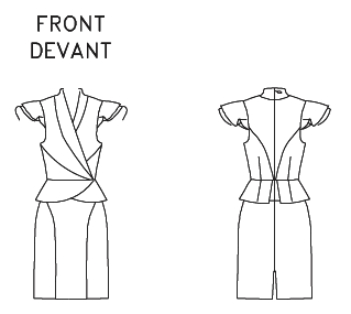 Lined dress is close-fitting with front and back slanted bodice seams, neck band, two layer flounce-type sleeves, back darts, self-faced peplum with back pleat, skirt with front shaped seam, back slit and invisible zipper. Length is 3" above mid-knee.
NOTIONS: 20"/22" Invisible Zipper, 1/2" Seam Binding, Hooks and Eyes.