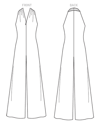 Semi-fitted, lined, wide-leg, sleeveless jumpsuit (close-fitting through bust) has front extending into back collar (cut on crosswise grain), and invisible front zipper closing.
