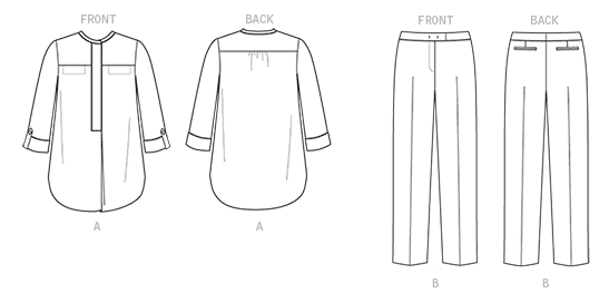 Loose-fitting, pullover tunic has neck and front bands, front and yoke extending into mock-welt pockets, self-lined yoke back, front pleat, long sleeves with stitched hem, button tab, very narrow hem, and concealed button closing. Rolled sleeves and shaped hemline: Wrong side shows. Semi-fitted, lined, tapered pants have shaped waistband, back welt pockets, and fly zipper and hook closure. Loose-fitting, pullover tunic has neck and front bands, front and yoke extending into mock-welt pockets, self-lined yoke back, front pleat, long sleeves with stitched hem, button tab, very narrow hem, and concealed button closing. Rolled sleeves and shaped hemline: Wrong side shows. Semi-fitted, lined, tapered pants have shaped waistband, back welt pockets, and fly zipper and hook closure.