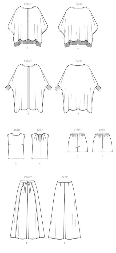 Poncho (cut on crosswise grain) has hook and eye. A: Topstitching. B: Cuffs. Sleeveless top (fitted through bust) has French darts, back neckline slit, back pleats, and hook/thread loop. Purchased trim A, bias tape to finish necklines, armholes C. Below-waist shorts have elastic waist and side pockets. Wide-leg, front-wrap pants (fitted through hips) have back-button front waistband, back waistband with tie ends, and no side seams. A, B, C, D, E: Narrow hem. Contrast B: For moderate stretch knits only.