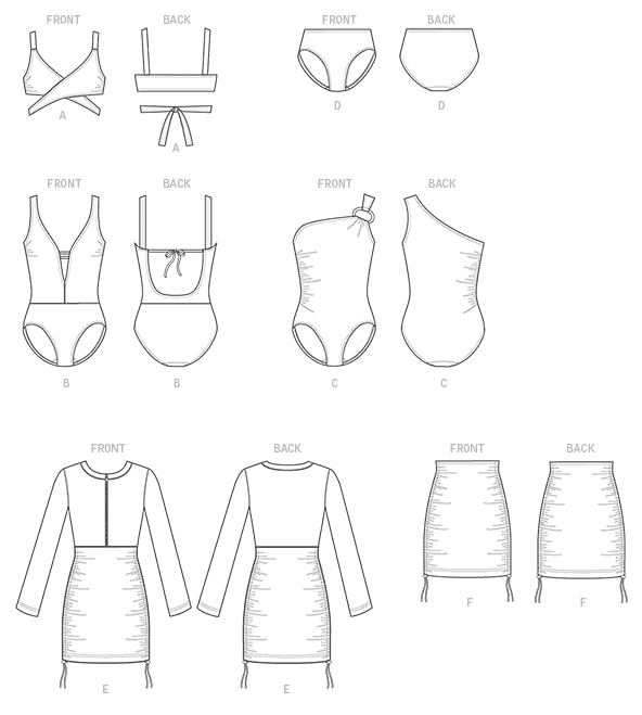 Top has shoulder straps, front extending into tie ends. Lined swimsuit B has front extending into back straps, slightly dropped waist, and back tie ends. One-shoulder swimsuit C has elasticized right side, bra, and purchased decorative ring. A, C, D: Self-lined. Cover-up has self-drawstring on sides, and purchased stopper. E: Neck band, front exposed zipper, and stitched hem. All are close-fitting, cut on crosswise grain, and elasticized. For two-way stretch knits only.