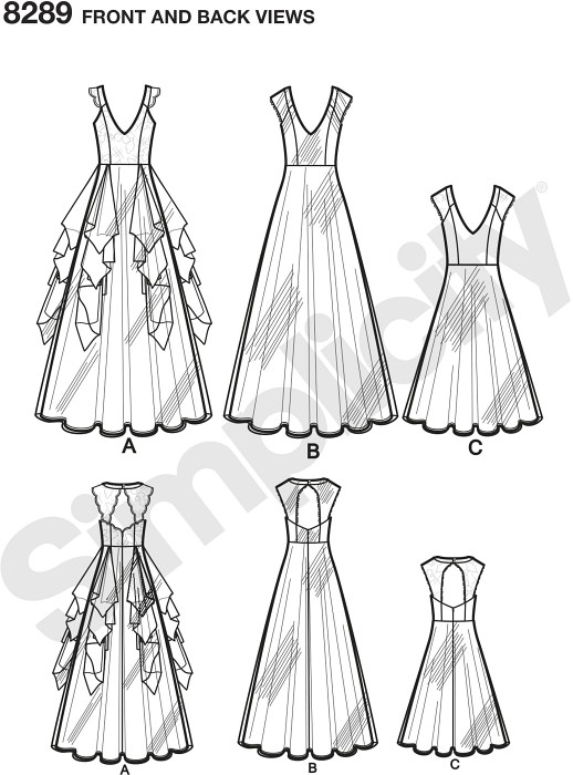 Whether you’re the bride, bridesmaid or attendee, these Leanne Marshall special occasion dresses are perfect for your next event. Dress features princess seam bodice with or without lace overlay with gallon lace back interest. Skirt can also be made with or without drapes in various lengths. Simplicity sewing pattern. Available as a printable pattern—for more information, see Printable Sewing Patterns.