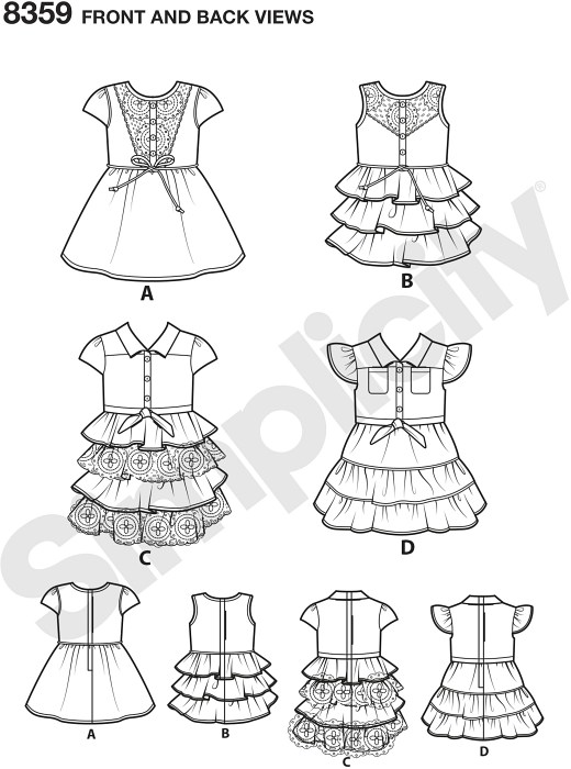 American Girl doll clothes for 18 inches dolls. Modern western dresses have button down bodice, short sleeve or sleeveless, with or without collar. Skirt options are tiered, ruffled or circle. Matching outfits for a child are available.