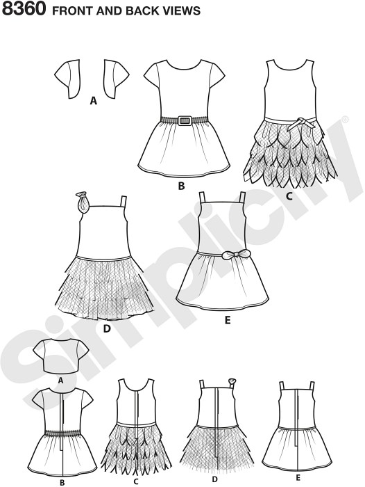American Girl doll clothes for 18 inches dolls includes four dress styles and a knit shrug. Dress can be made short sleeve or sleeveless with or without overlay. Add a bow or belt at the waist or a bow on shoulder strap. Matching childÂs outfit available.
