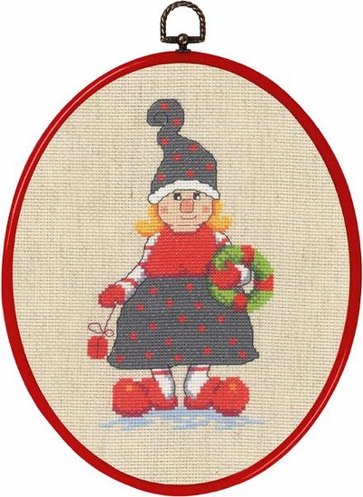 Wall embroidery with elf lady with gift