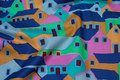 Patchwork-cotton with houses in blue and green nuances 