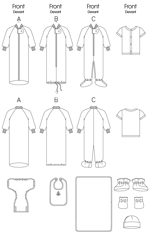 Loose-fitting buntings A, B or jumpsuit C have neckbands, front zipper, tab with snap and long sleeves with cuffs. B: drawstring. C: elastic legs. No provision made for above waist adjustment. Loose-fitting shirt has mock bands, snap closure, stitched hems and short sleeves. Diaper cover has partial elastic waist and legs, VELCRO closure. Hat has fold-back brim. Bib has VELCRO closure and purchased appliqué. Mittens and booties have elastic. Self-lined blanket. Diaper cover, bib and blanket: purchased trim.
NOTIONS: Bunting A, B: One 3/8 inches Hammer-on Snap and Zipper: 30 inches for A and 18 inches for B. Also for B: 11/2 yds. of 1/4 inches Ribbon. Jumpsuit C: 12 inches Zipper, 5/8 yd. of 3/4 inches Snap Tape, 5/8 yd. of 1/4 inches Elastic and One 3/8 inches Hammer-on Snap. Shirt: Four 3/8 inches Hammer-on Snaps and Seam Binding. Diaper Cover: 3/4 yd. of 1/8 inches Elastic, 1/2 inches Double Fold Bias Tape, 1/4 yd. of 5/8 inches VELCRO Fastener Tape. Bib: 1/8 yd. of 5/8 inches VELCRO Fastener Tape, 1/2 inches Double Fold Bias Tape and Approximately 11/4 inches x 11/2 inches Purchased Appliqué. Mittens, Booties: 1/2 inches Single Fold Bias Tape and 1/4 inches Elastic: 3/8 yd. for Mittens and 1/2 yd. for Booties. Blanket: Two Packages of 1/2 inches Double Fold Bias Tape.