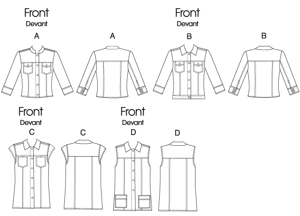 Very loose-fitting jackets A, B, C, D, in three lengths, have princess seams, front and back yokes, slightly forward shoulder, buttoned fronts and topstitch trim. A, B: below waist, patch pockets with buttoned flaps, three-quarter length sleeves with buttoned cuffs. A: stand-up collar. B: collar, topstitched band at lower edge. C: hip length, collar, patch pockets and cap sleeves finished with bias tape. D: hip length, collar, patch pockets with flaps and armholes finished with bias tape.
NOTIONS: Jacket A, B, C, D: 3/4 inches Buttons: Thirteen for A, Fourteen for B, Six for C and Five for D. Also for C, D: 1/2 inches Single Fold Bias Tape.