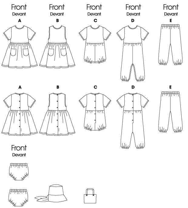 Dress A, jumper B, romper C, jumpsuit D have fitted bodice, raised waist, back button closing. A, B: drindl skirt, pockets and stitched hem. C, D: loose-fitting shorts or pants, snap crotch, short sleeves. Pants E or panties F have elastic waist and legs. E: no side seams. Self-lined hat has crown, brim and pleated tie. Self-lined bag has straps.
NOTIONS: Dress A, Jumper B: Six 1/2 inches Buttons, 1/2 inches Single Fold Bias Tape. Romper C, Jumpsuit D: Five1/2 inches Buttons,1/2 inches Single Fold Bias Tape, 1/4 inches Elastic: 5/8 yd. for C, 11/4 yds. for D, 3/4 inches Snap Tape: 1/8 yd. for C, 5/8 yd. for D. Pants E: 5/8 yd. of 1/2 inches, 5/8 yd. of 1/4 inches Elastic. Panties F: 5/8 yd. of 1/2 inches, 11/4 yds. of 1/4 inches Elastic, 1/2 inches Single Fold Bias Tape.