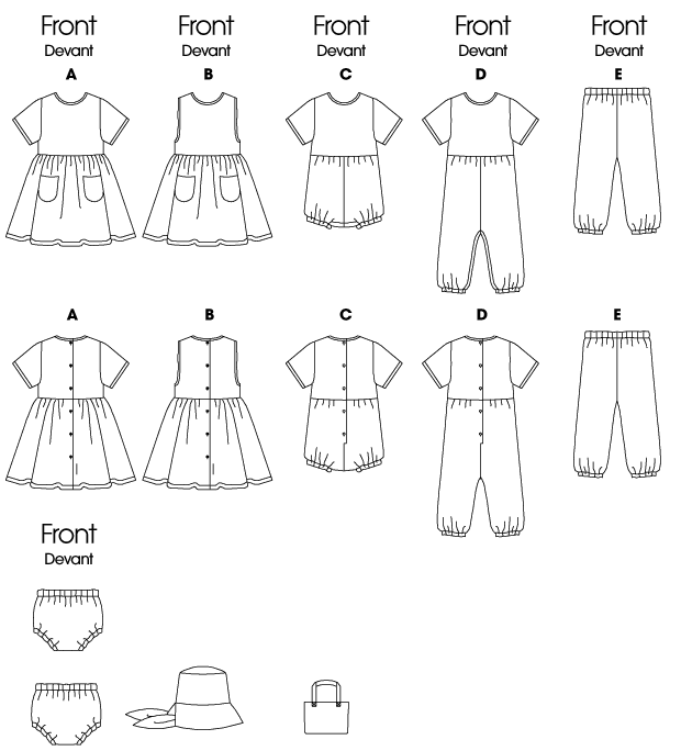 Dress A, jumper B, romper C, jumpsuit D have fitted bodice, raised waist, back button closing. A, B: drindl skirt, pockets and stitched hem. C, D: loose-fitting shorts or pants, snap crotch, short sleeves. Pants E or panties F have elastic waist and legs. E: no side seams. Self-lined hat has crown, brim and pleated tie. Self-lined bag has straps.
NOTIONS: Dress A, Jumper B: Six 1/2 inches Buttons, 1/2 inches Single Fold Bias Tape. Romper C, Jumpsuit D: Five1/2 inches Buttons,1/2 inches Single Fold Bias Tape, 1/4 inches Elastic: 5/8 yd. for C, 11/4 yds. for D, 3/4 inches Snap Tape: 1/8 yd. for C, 5/8 yd. for D. Pants E: 5/8 yd. of 1/2 inches, 5/8 yd. of 1/4 inches Elastic. Panties F: 5/8 yd. of 1/2 inches, 11/4 yds. of 1/4 inches Elastic, 1/2 inches Single Fold Bias Tape.