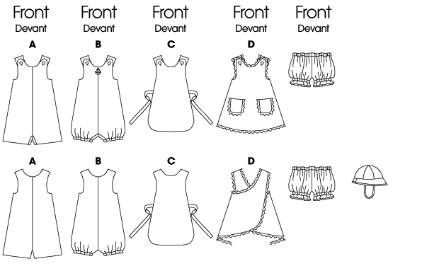 Rompers A, B or A-line jumpers C, D have button shoulder closing. B: elastic legs. A, B: snap crotch. C: contrast tie ends. D: pockets and purchased trim. C, D: contrast reverse side. Panties have elastic waist and legs, no side seams. Hat has crown, brim and elastic.
NOTIONS: Romper A, B: Two 3/4 inches Buttons and 1/4 yd. of 5/8 inches Snap Tape. Also for B: 3/4 yd. of 1/4 inches Elastic and One Purchased Applique Approximately 2 inches and#215; 2 inches. Jumper C, D: Two 3/4 inches Buttons. Also for D: Jumbo Rick-rack: 4 yds. for sizes NB to S and 4 yds. for Sizes M to XL. Panties: 1/2 inches Single Fold Bias Tape, 3/4 yd. of 1/2 inches Elastic and 3/4 yd. of 1/4 inches Elastic. Hat: 3/4 yd. of 5/8 inches Grosgrain Ribbon and 1/2 yd. of 1/4 inches Elastic.