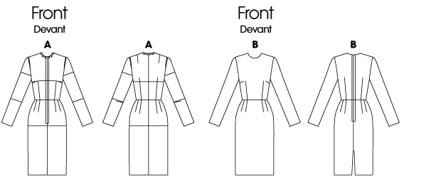Dress A, B, below mid-knee, have fitted bodice, straight skirt, back zipper and slit, long sleeves. B: semi-fitted bodice.
NOTIONS: Dress A: 22 inches Zipper, Optional. Dress B: 22 inches Zipper, Seam Binding, Hooks and Eyes.