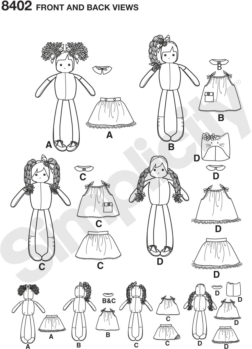 23” stuffed dolls with clothing in four styles. Patterns features yarn hair, different dress styles with trim details. Make fabric boots or ballet slippers and give your doll a hat or bows and flowers. Elaine Heigl for Simplicity.