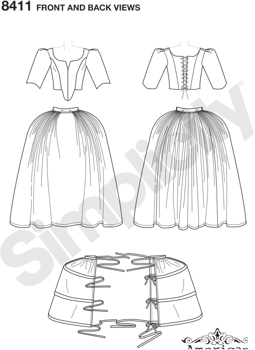 Journey to the 18th century with this Women’s French lined dress with separate bodice and skirt.  Includes pattern and instruction for panniers for underneath skirt to create fullness and structure. Petticoat not included. Simplicity costume pattern by Am.