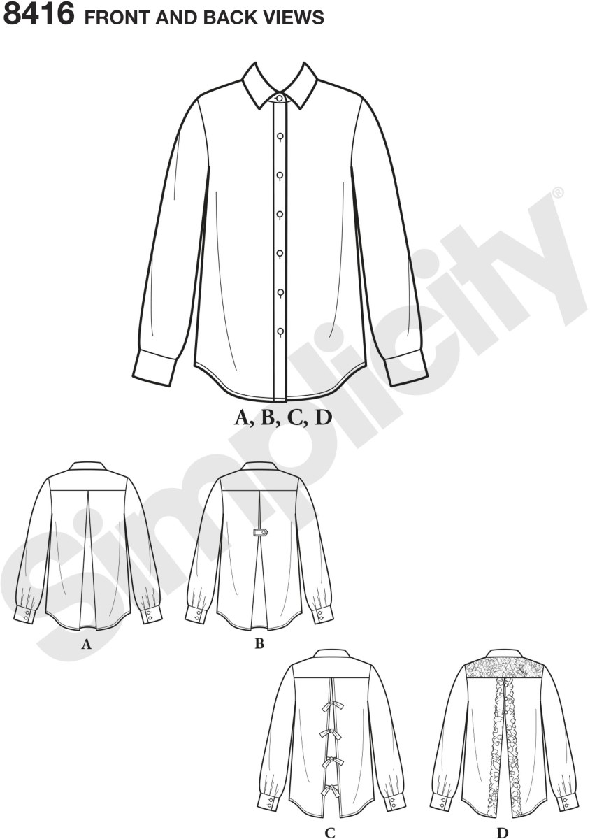 Make a statement with a twist on the classic button up shirt. Back interest options include; pleated back, vent with ties or lace. Simplicity sewing pattern.