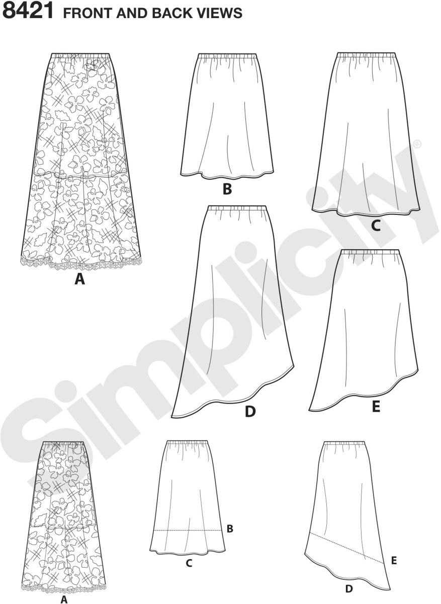 Easy to sew skirt with only three pattern pieces allows you to create multiple skirts styles in no time at all. Pattern has cutting lines for three different lengths and an asymmetrical option in two lengths. Great for silky type fabric and  sheer or lace