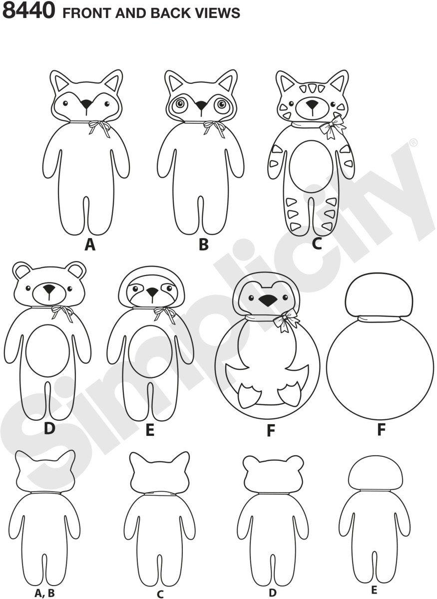 Have fun creating these cute stuffies. Animals include a raccoon, fox, kitten, bear, sloth and penguin. Perfect for felt or fleece fabrics. Add a ribbon or bow to make your stuffy even more adorable. Simplicity sewing pattern.