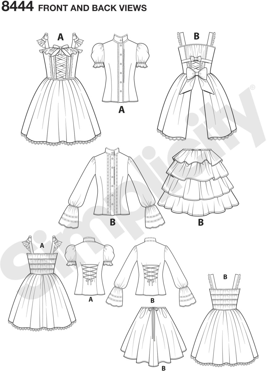Get creative with these Lolita ruffle dresses. Perfect for your next cosplay event. Dresses feature cincher or ribbon around the waist. Add bows to achieve the look even more. Andrea Schewe Designs for Simplicity Also see accessory pattern 8443.