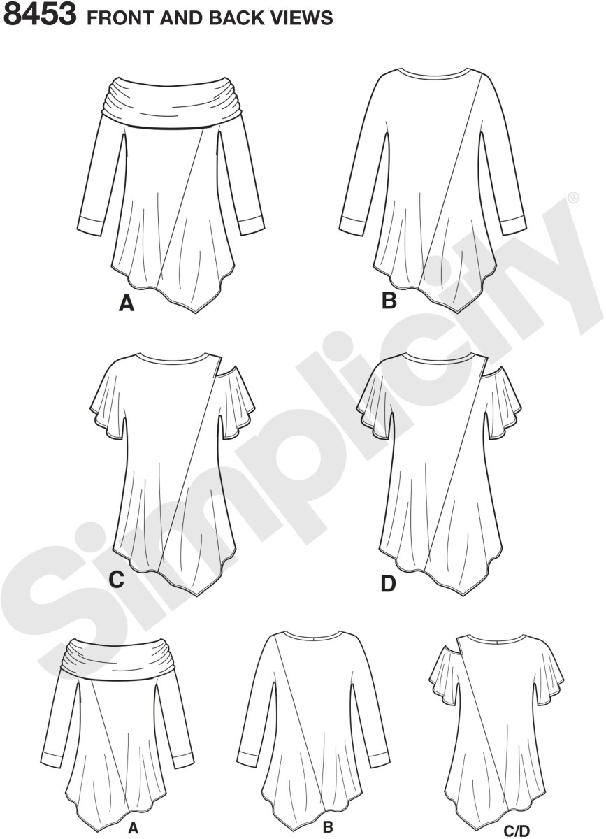 Women’s easy to sew tops sized XXS-XXL for stretch knits only. Top features an asymmetrical hem with sleeve and neckline variations. Perfect for contrast fabrics. Karen Z for Simplicity sewing pattern.