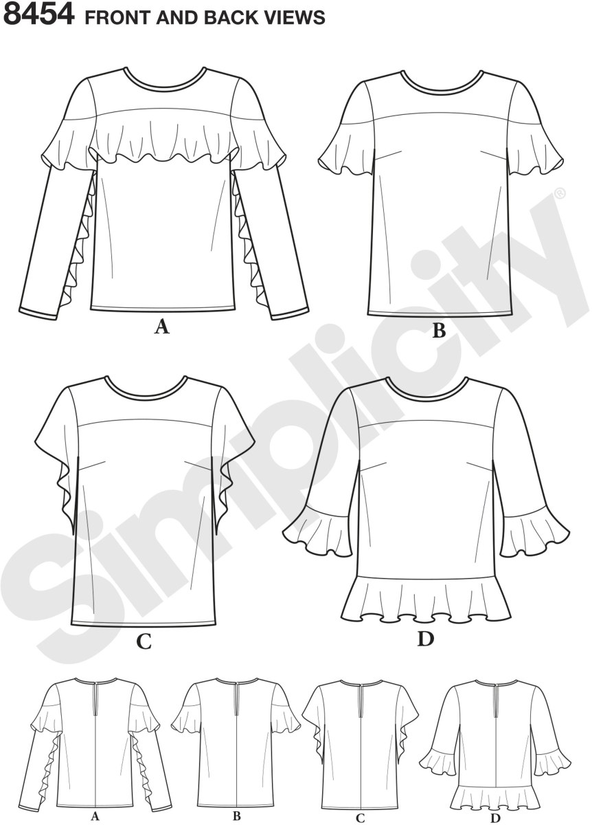 Misses ruffle tops with sleeve variations. Add ruffles to yoke, sleeves and or hem for a romantic look. Simplicity sewing pattern. Misses ruffle tops with sleeve variations. Add ruffles to yoke, sleeves and or hem for a romantic look. Simplicity sewing pattern.