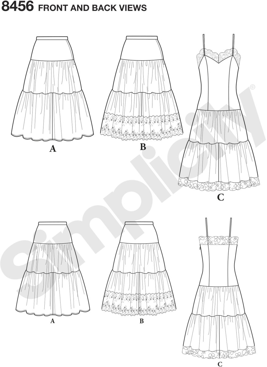 View 1 of the petticoat is fashioned with two gathered tiers and is joined to a fitted yoke. View 2 has a band of eyelet added to the lower section. View 3, the slip, features a long fitted bodice. The skirt is again cut in two gathered tiers; lace bands