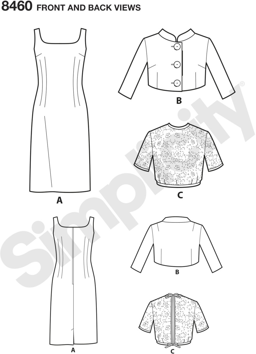 Sheath dress is sleeveless and has low rounded neckline, back zipper closing and back kick pleat. V. 1 short matching jacket has set-in sleeves, stand-up collar, button front closing and is always lined. V. 2 sheer unlined jacket has set-in sleeves , roun