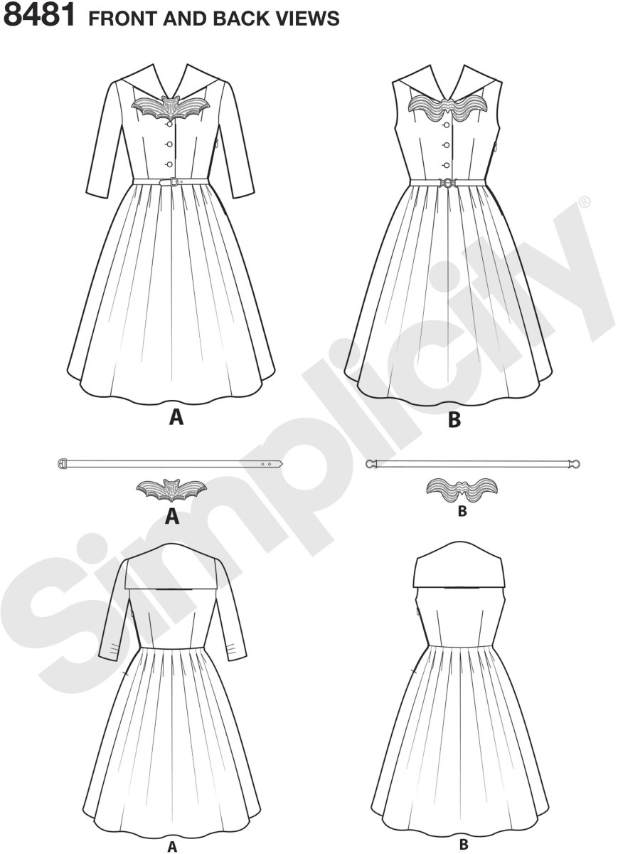 Add some fun and character to the rockabilly look. Dress features sailor collar and full skirt. Pattern also includes belt and applique. Karen Fleisch Designs for Simplicity. Add some fun and character to the rockabilly look. Dress features sailor collar and full skirt. Pattern also includes belt and applique. Karen Fleisch Designs for Simplicity.