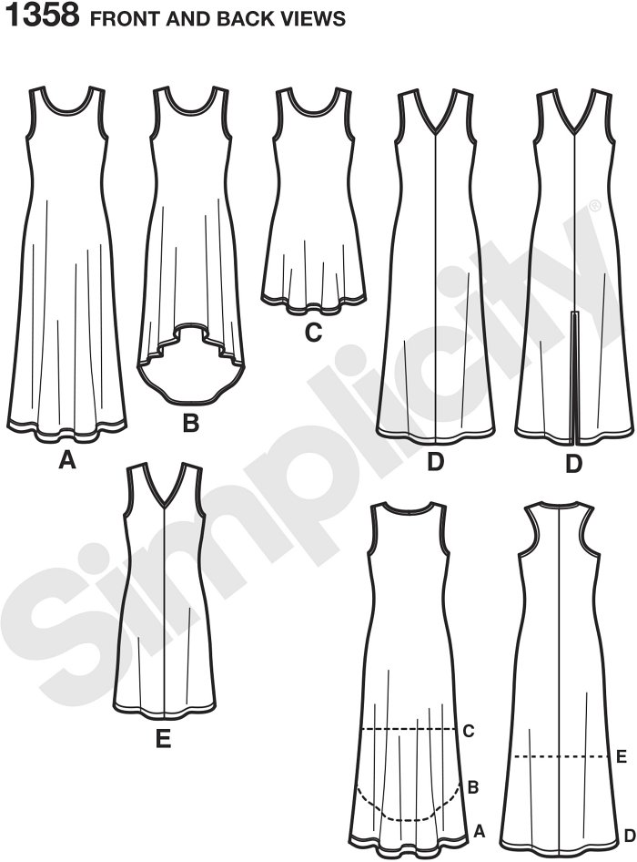 Six Dresses Made Easy can be made a scoop neck with maxi, high low or short length. Dress can also be made v neck with center front seam and maxi with or without front slit, and short lengths. Simplicity sewing pattern.