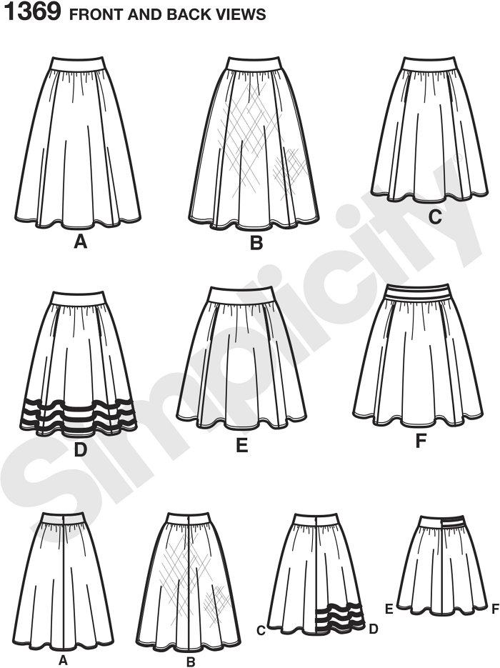 Misses´ skirts can be made in three lengths: below, at or above the knee with optional sheer overlay (view B), front slit pockets (views C, D, E, F) and ribbon trim applied at hem or waistband.