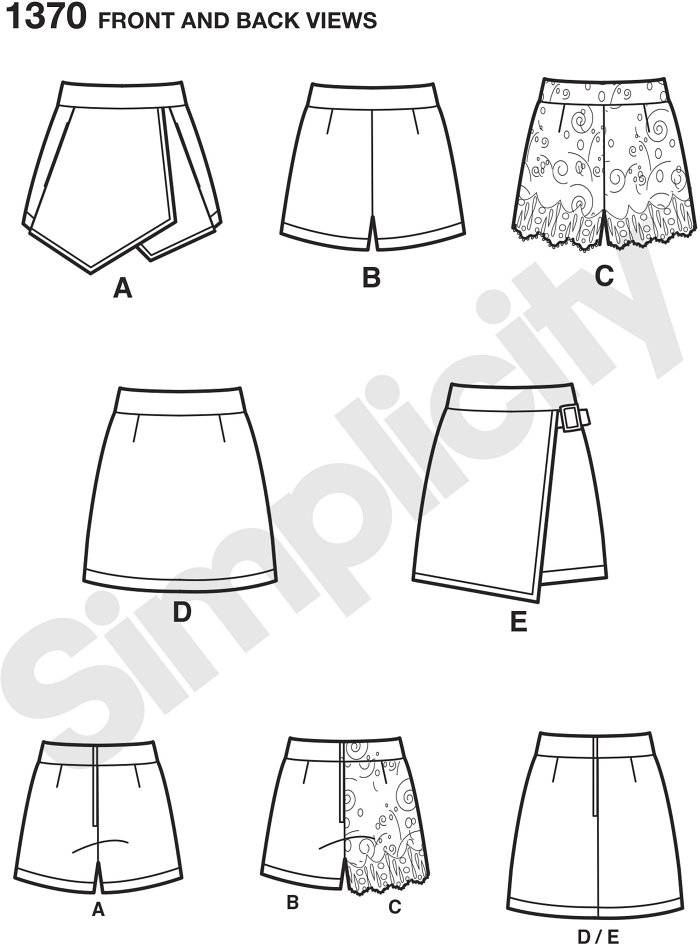 Misses asymmetric skort with pockets or mini skirt with buckle, shorts with or without scalloped overlay and mini skirt are must haves for this season. All have back zipper. Simplicity sewing pattern by In K.