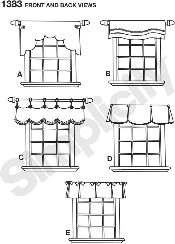 Change up your interiors with these window treatments for 36" to 40" wide windows. Views A and B are reversible. View C features twill tape and a scalloped hem. Views D and C have inverted pleats and contrast underlay.