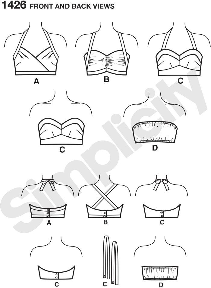 Misses vintage bra tops are a flirty way to pull off a retro look. Make a faux wrap halter, ruched with cross back, balconette halter or strapless with button back or a bandeau. Wear alone or under tops when bra is meant to be seen!