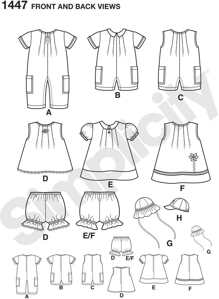 Babies Separates include a short and long romper with side pockets, a sleeveless dress with trim and applique, a short sleeved dress with collar, panties, sunhat and baseball cap both in three sizes … S(17"), M(18"), L(19").