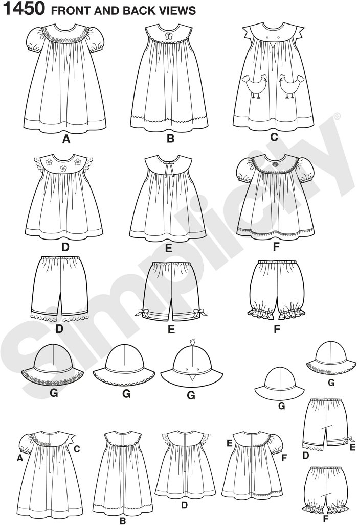 These dresses, tops, panties and hats for Toddlers make the perfect play clothes and are also great for dressing up. All items can be made with a variety of trims and appliques for added fun. Simplicity sewing pattern.