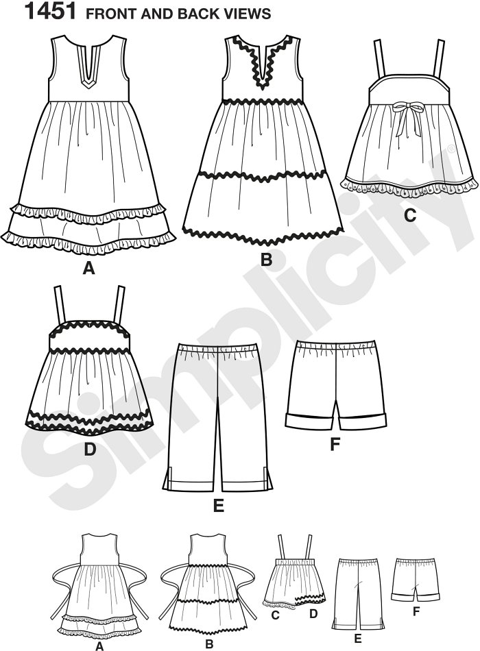 Toddlers´ Easy to Sew dresses, top, cropped Trousers and shorts make a complete summer wardrobe for your toddler. Dresses and top can be made with trims or ruffles. Shorts and Trousers have elastic waistband.