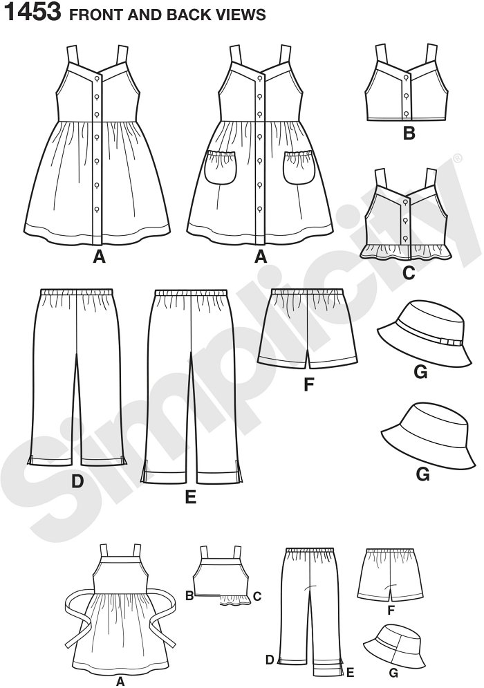 This cool Easy to Sew wardrobe is everything your Child needs to get through the summer. Dress can be made with pockets. Shorts and Trousers have elastic pull on waist. Hat is in three sizes S(19"), M(20"), L(21").