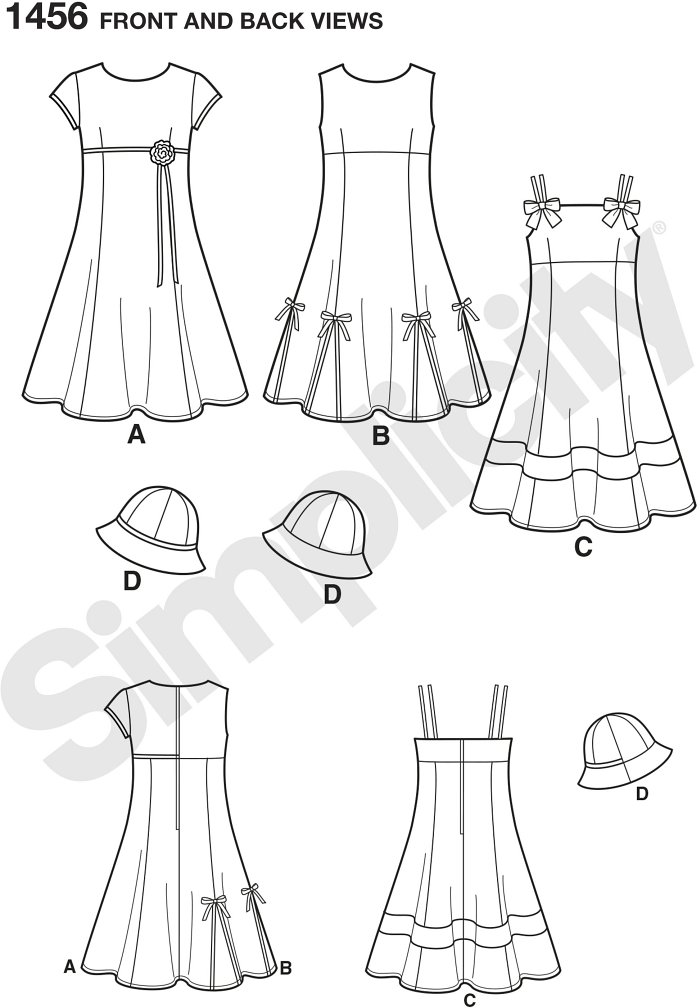 Child´s and Girls´ dress with zippered back and flared skirt can be made with short sleeves, sleeveless, or with double spaghetti straps and bow. Pattern comes with hat in three sizes S, M, L. Simplicity sewing pattern.