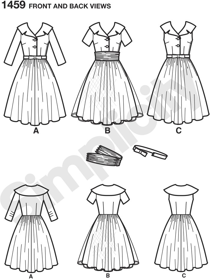 Misses´ and miss petite Vintage dress with wide lapel collar can be made in three quarter sleeves, short sleeves or sleeveless. Dress can be worn casually with bow belt, or dress it up with cummerbund and overlay.