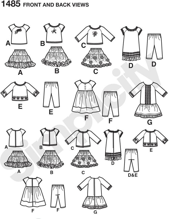 Get creative using trim and appliques to make these doll clothes unique. Pattern includes long & short sleeve tee shirt, skirt, three dresses, & leggings. Tops & dresses have back hook & loop tape closures. Get creative using trim and appliques to make these doll clothes unique. Pattern includes long & short sleeve tee shirt, skirt, three dresses, & leggings. Tops & dresses have back hook & loop tape closures.