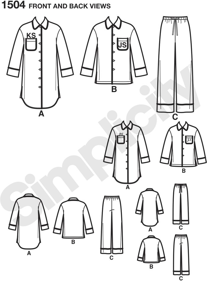 Get cozy with the whole family in these Easy to Sew loungewear shirts in two lengths and trousers. Button down collared shirts, have chest pocket and can be personalized with piping and embroidered initials.Note: If used as sleepwear, use Fabrics and Tri.